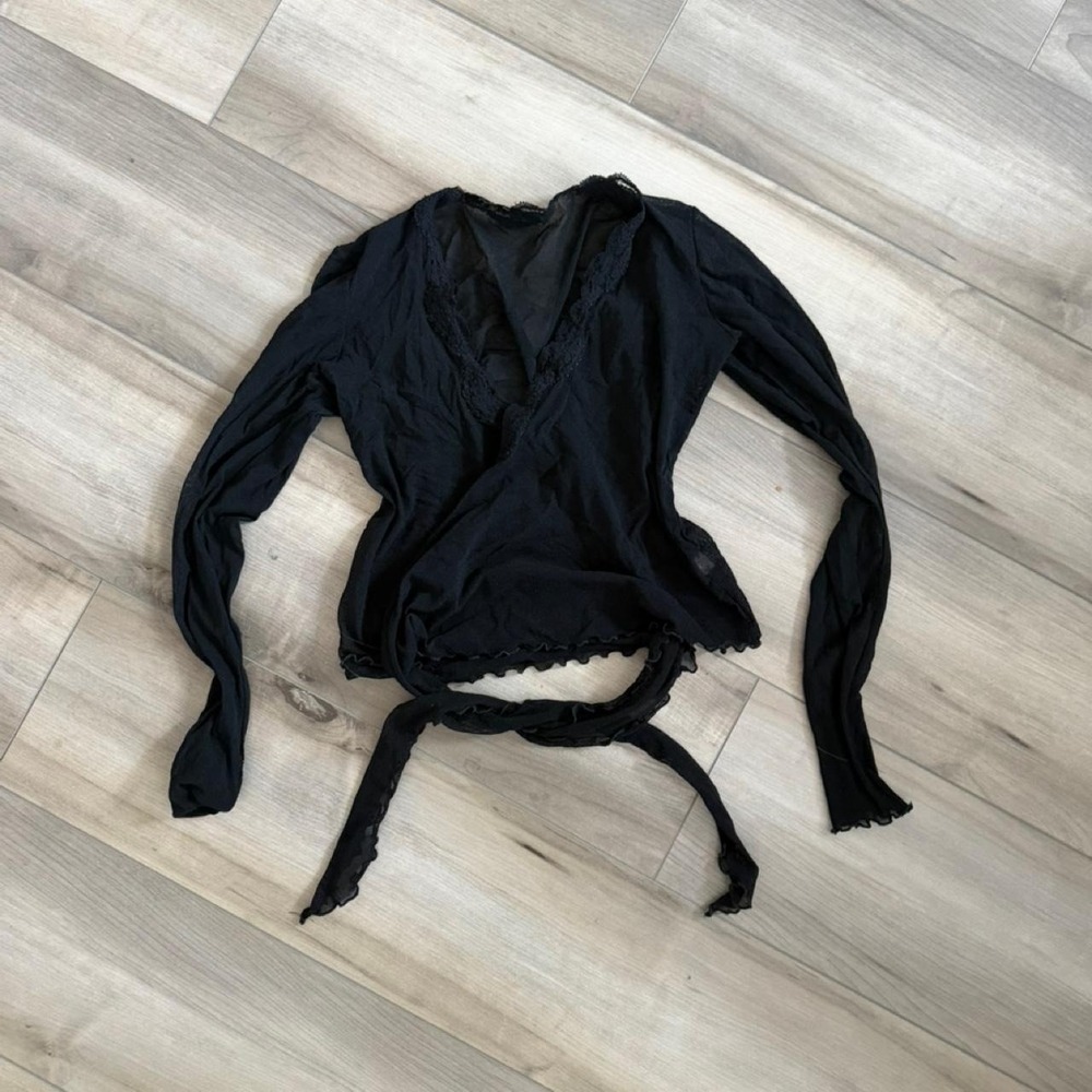Only Hearts sheer black long sleeve top with ruffled neckline and tie back